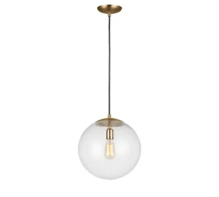 Leo Hanging Globe 14 in. 1-Light Satin Brass Pendant with Clear Seeded Glass OB