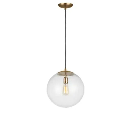 Leo Hanging Globe 14 in. 1-Light Satin Brass Pendant with Clear Seeded Glass OB