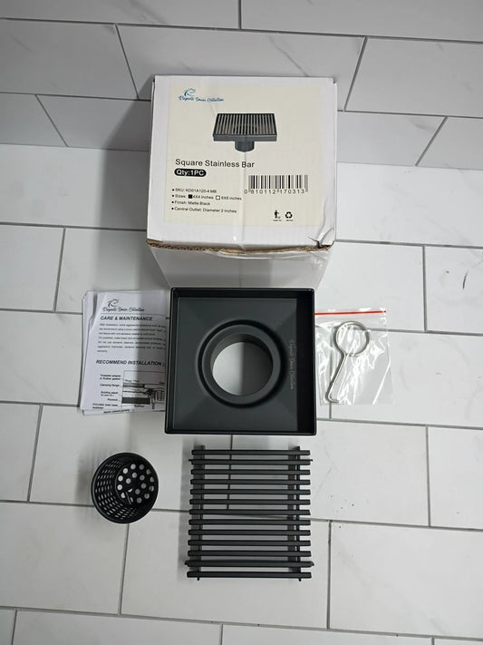 Elegante Drain Collection 4" Sq. matt black Finish Shower Drain w/ Bar Pattern