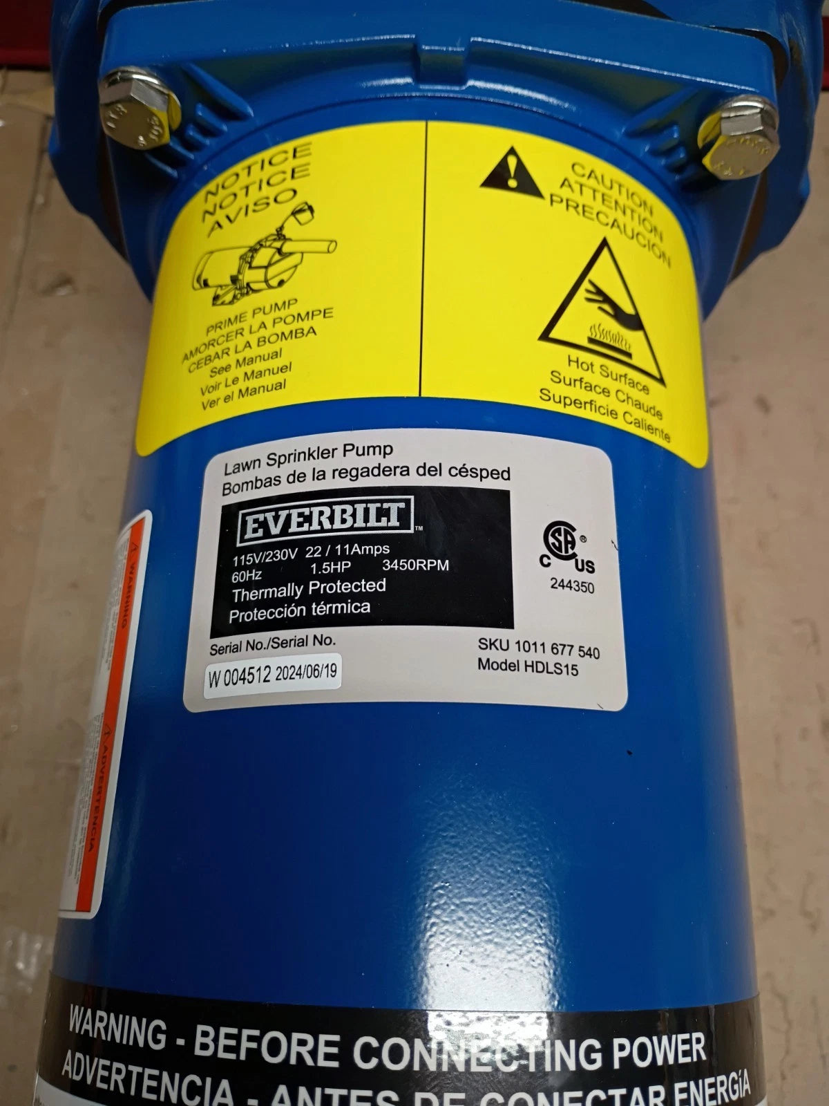 Everbilt HDLS15, 1-1/2 HP Cast Iron Lawn Irrigation Pump 61 GPM 51 PSI Open Box,