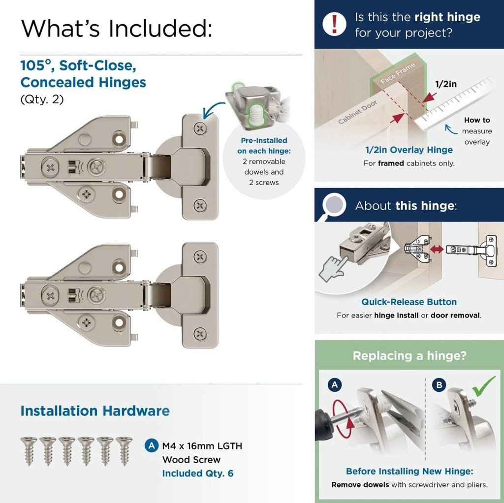 10x Amerock 2 Pack 1/2” Overlay Soft-Closing Euro Concealed Hinge for Face Frame