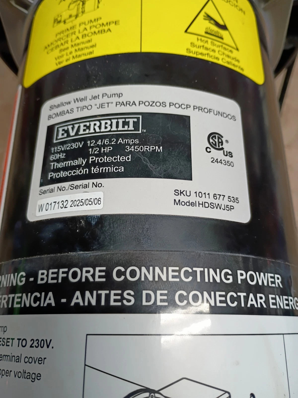 Everbilt 1/2 HP Plastic Shallow Well Jet Pump Used