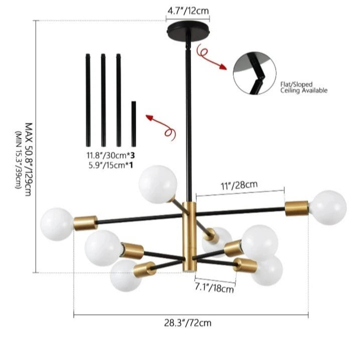 Sputnik Chandelier Black Gold Linear Ceiling Light 8-Light Kaisite KST-8006 OB