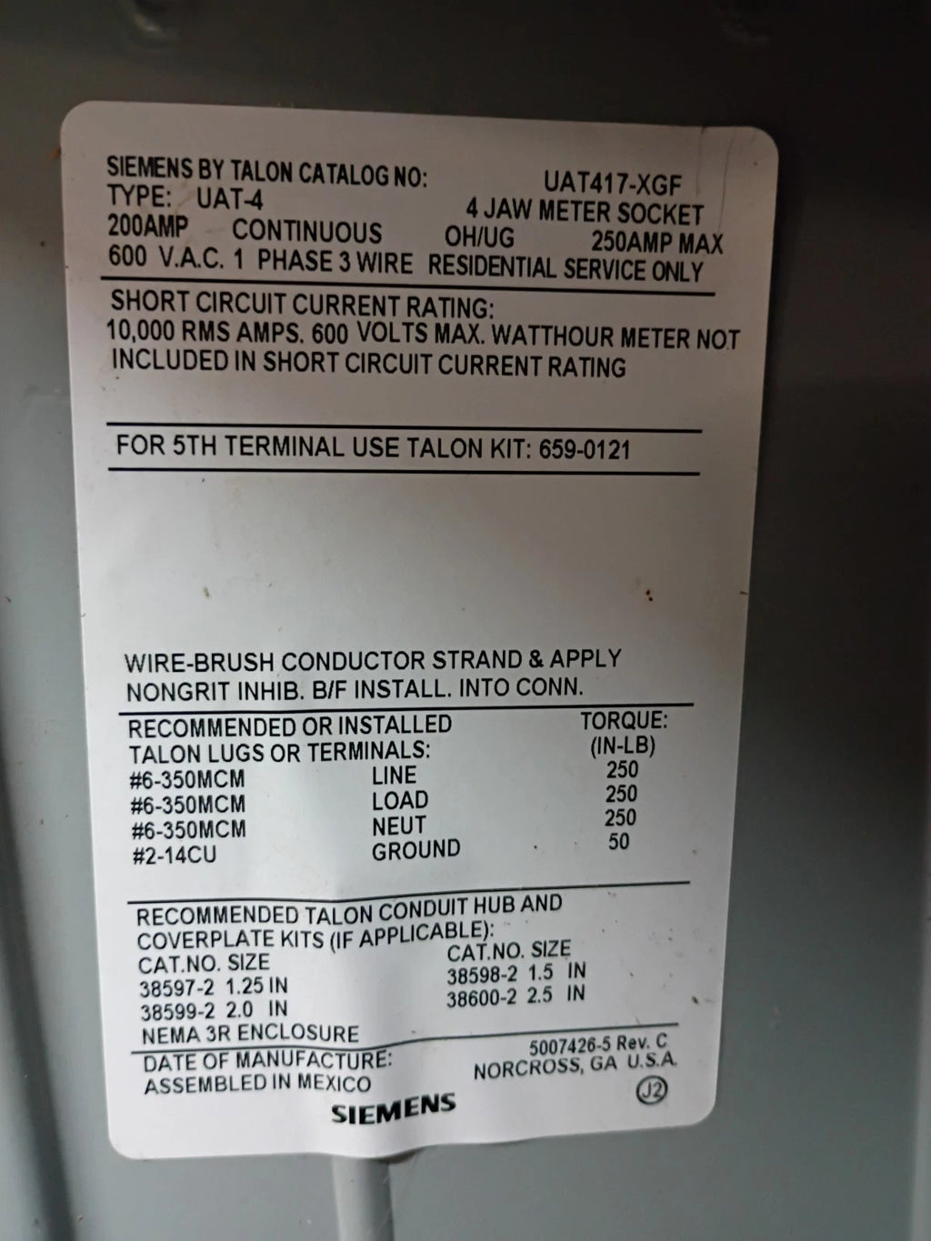 Siemens UAT417-XGF 200 Amp 4 Jaw No Bypass Ringless Meter Socket with Latch OB