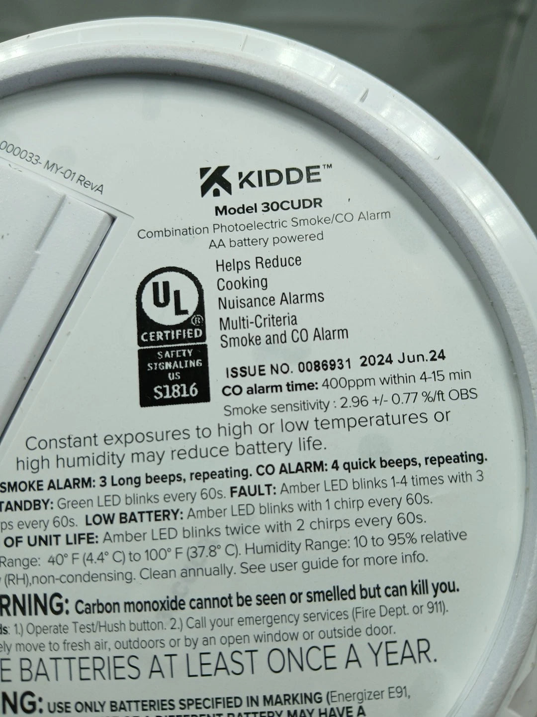 Kidde - 30CUDR -Smoke & Carbon Monoxide Detector AA Battery 21032830 OB