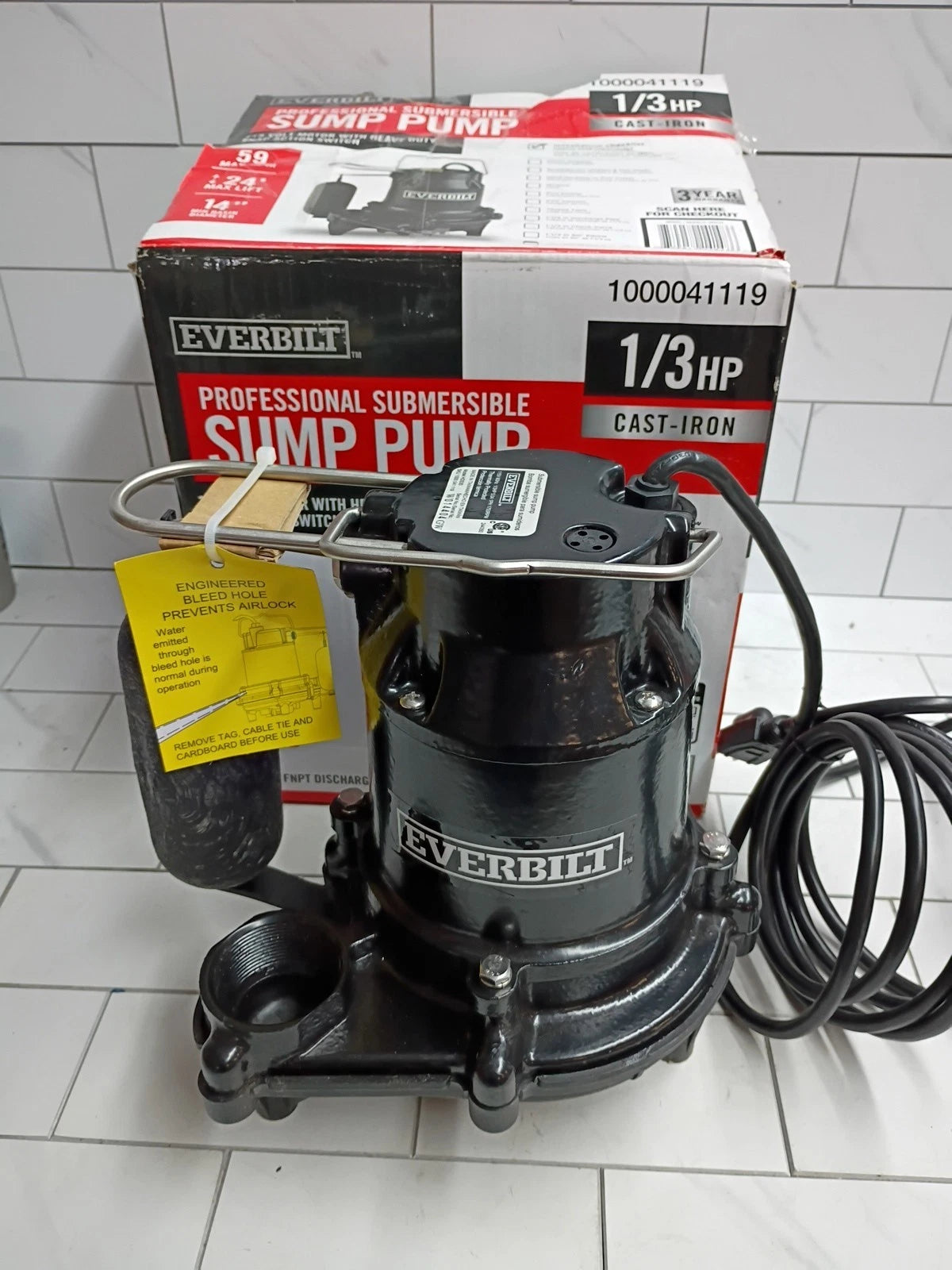 Everbilt 1000041119 1/3 HP Cast Iron Submersible Sump Pump New Open Box