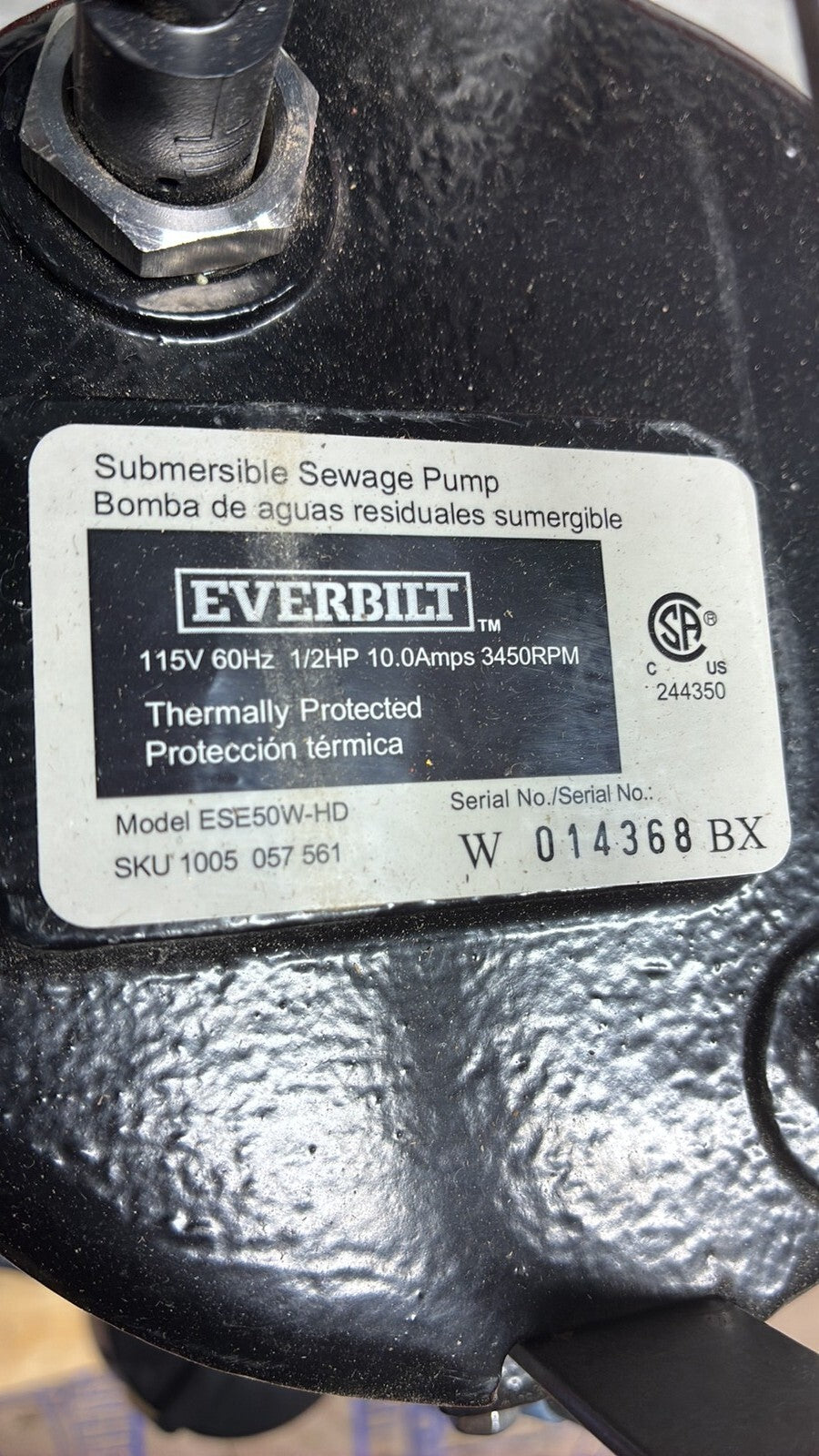 Everbilt ESE50W-HD 1/2 HP Cast Iron Sewage Ejector Pump Model open box