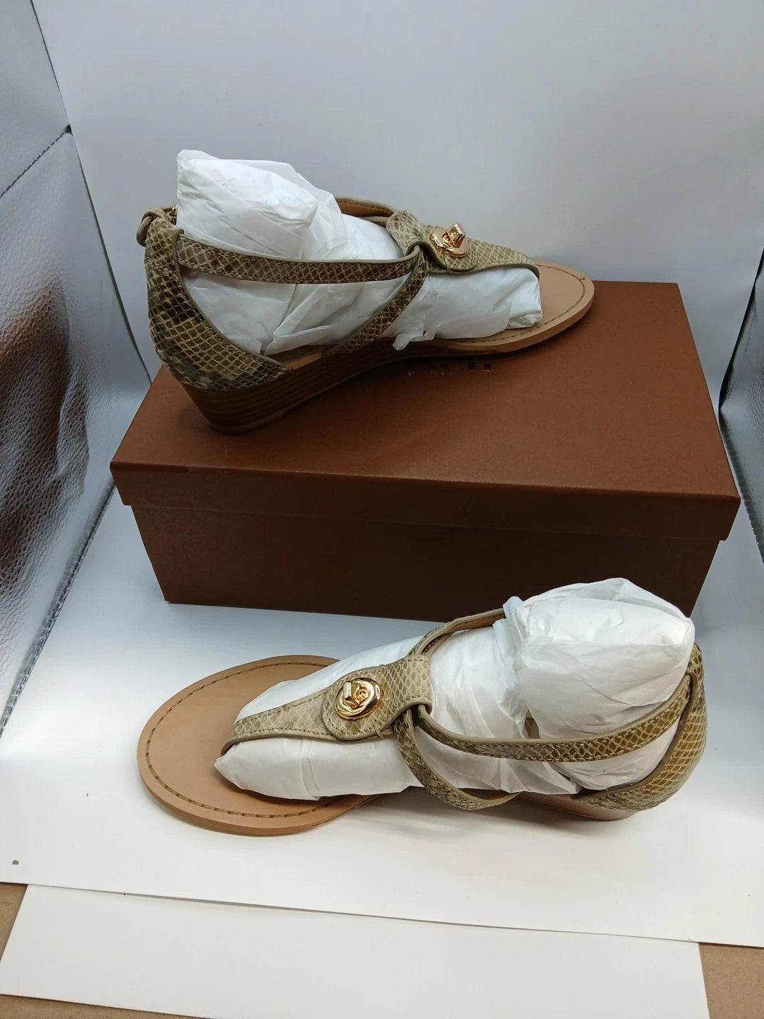 Coach Ingrid Snake Print T-Strap Wedge Sandals Natural Size 7