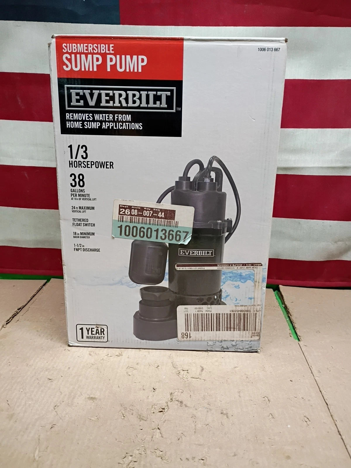Everbilt 1/3 HP Corrosion Resistant Aluminum Sump Pump w/ Tether Switch Used.