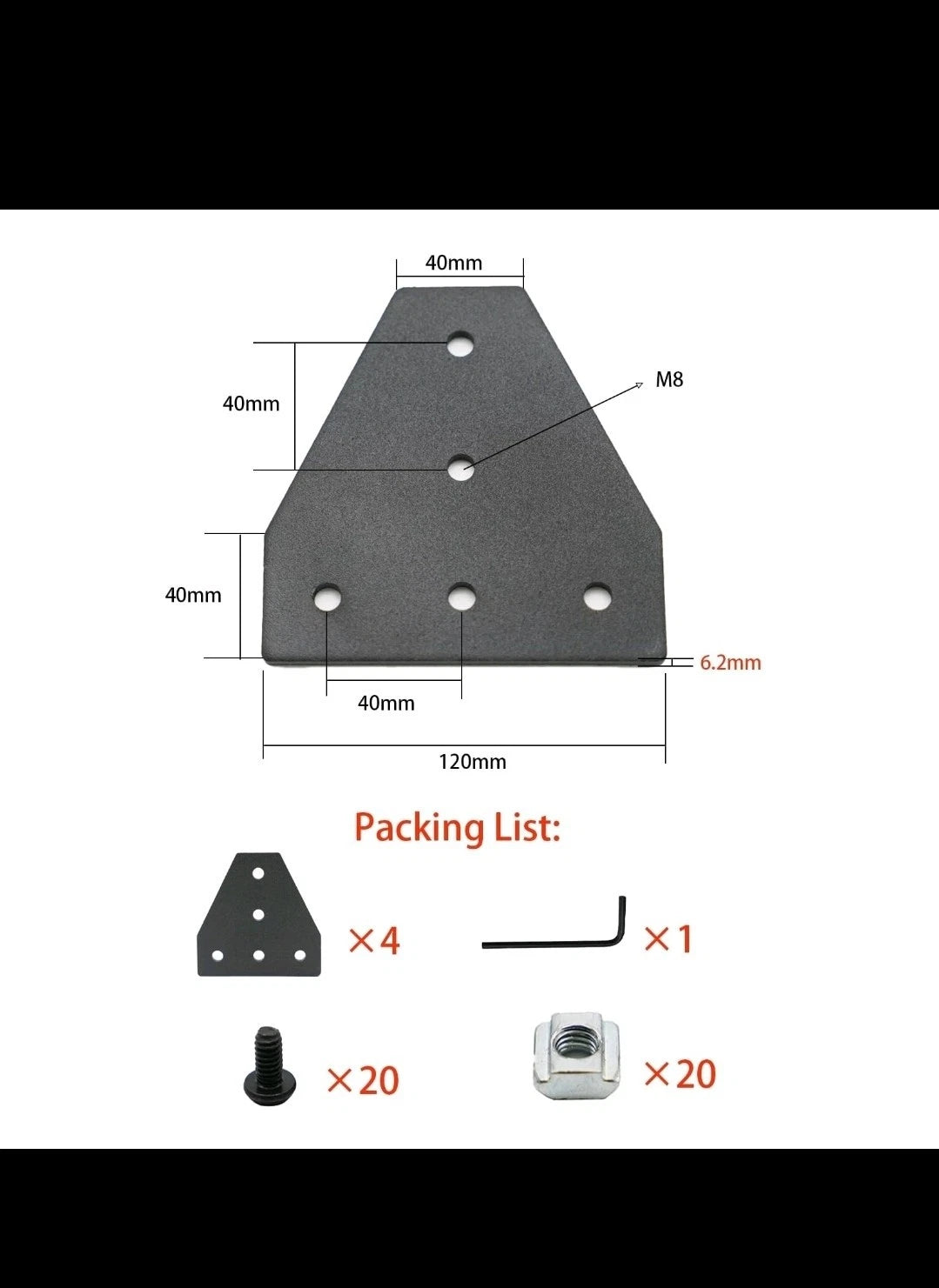 8 PCS Black T-Shape Corner Bracket Connector for 4040 Series Aluminum Extrusion