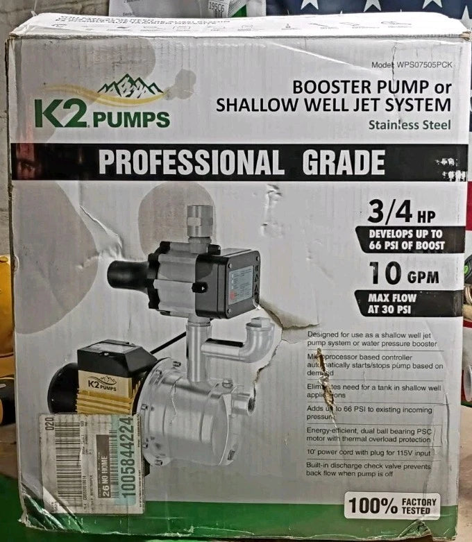 K2 Pumps WPS07505PCK Automatic Booster Pump 3/4Hp Lead Free Stainless Steel 115V