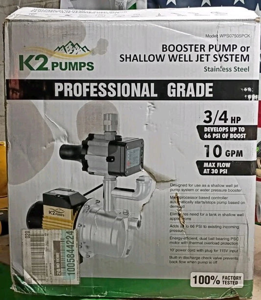 K2 Pumps WPS07505PCK Automatic Booster Pump 3/4Hp Lead Free Stainless Steel 115V