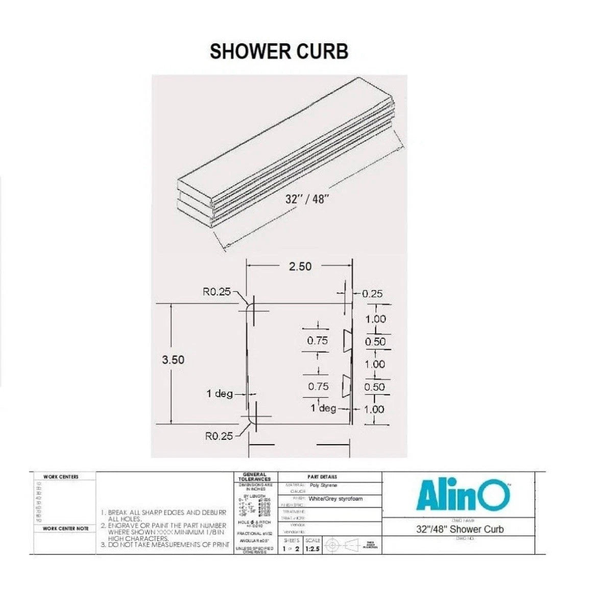 ALINO Pre-Sloped Shower Curb Bonded 2.5"X3.5"X48" Blue W/ Waterproof Membrane