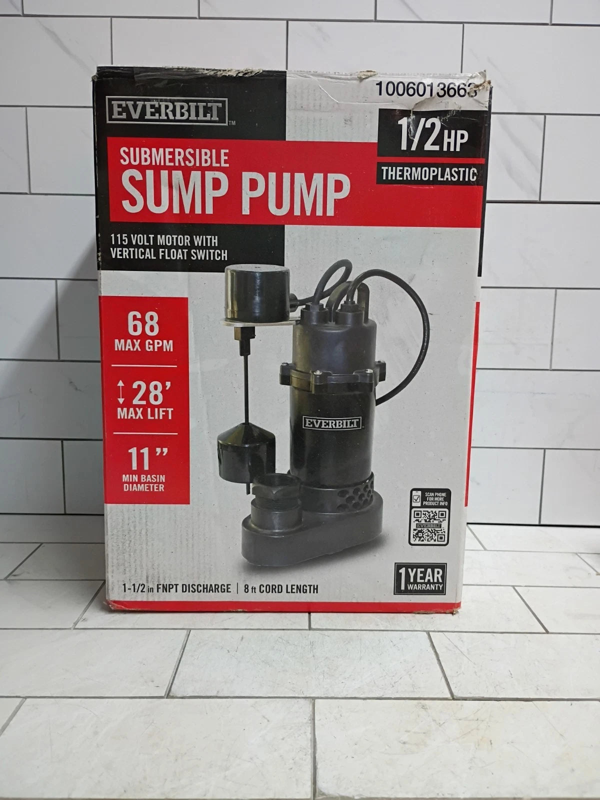 Everbilt HDSP50V 1/2 HP Submersible Sump Pump Thermoplastic Vertical., Open Box.