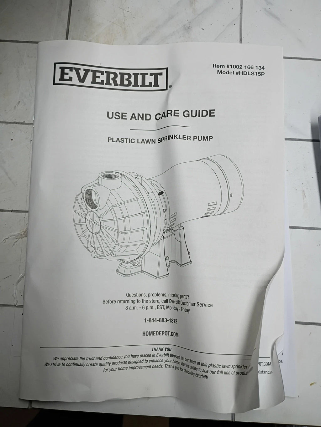 Everbilt HDLS15P Lawn Irrigation Pump Plastic 1-1/2HP 52-GPM, OPEN BOX