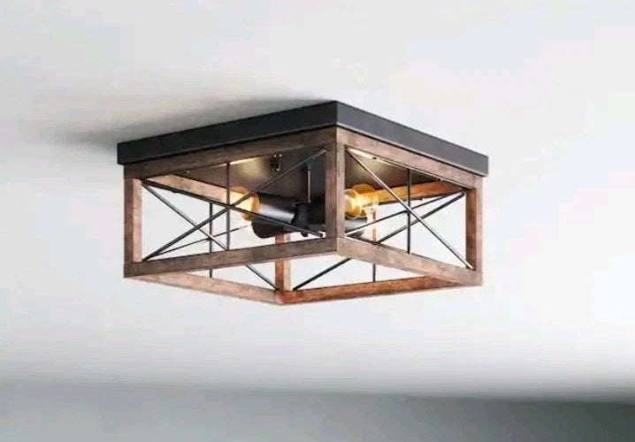 Light Farmhouse Rustic Square Wooden Flush Mount Ceiling Light MB-8834BK OB