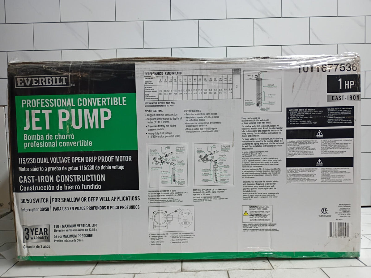 Everbilt HDCWJ10, 1 HP Professional Convertible Jet Pump  PARTS ONLY READ