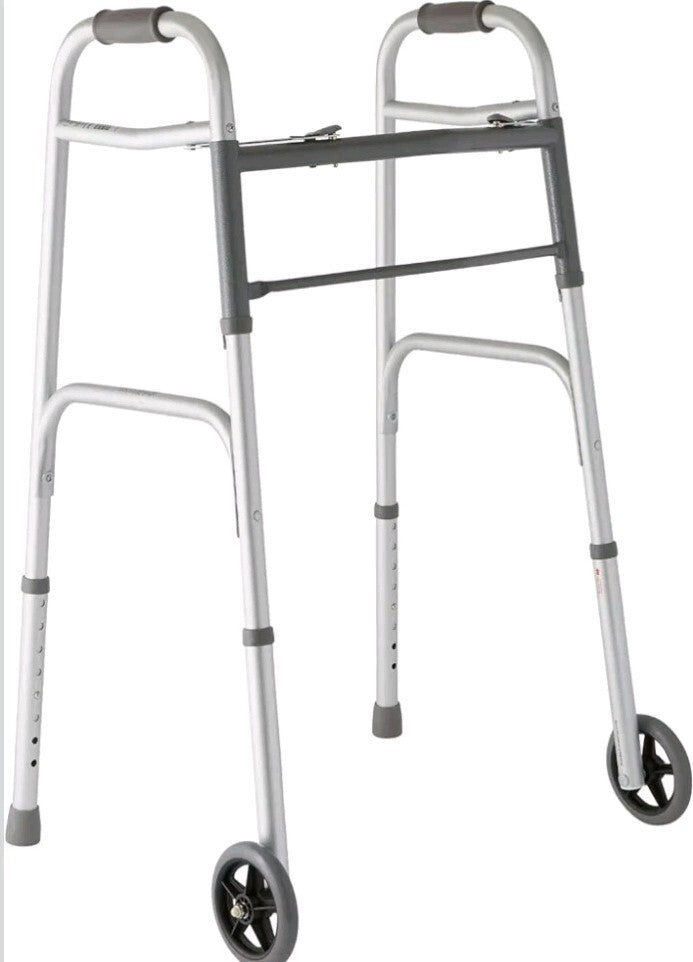 Medline Lightweight Two Button Folding Walker with 5" Wheels Open Box