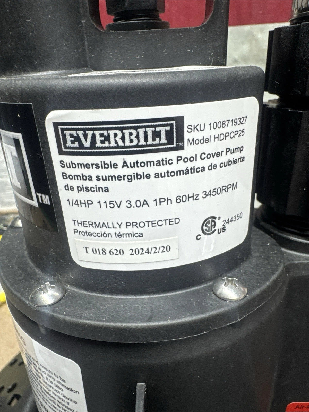 Everbilt 1/4 hp Submersible Pool Cover Pump Open Box