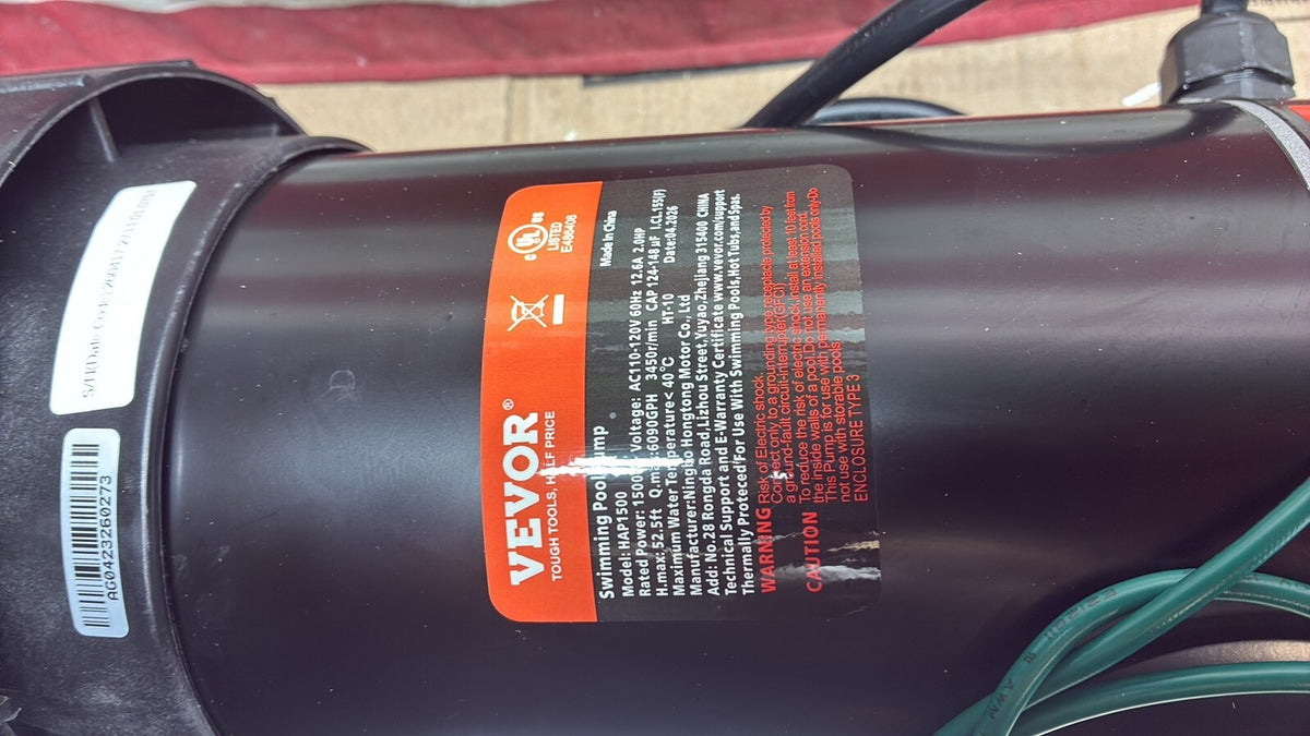 VEVOR HAP1500 SWIMMING POOL PUMP 2.0HP 115V 1500W SINGLE SPEED 5400 GPH