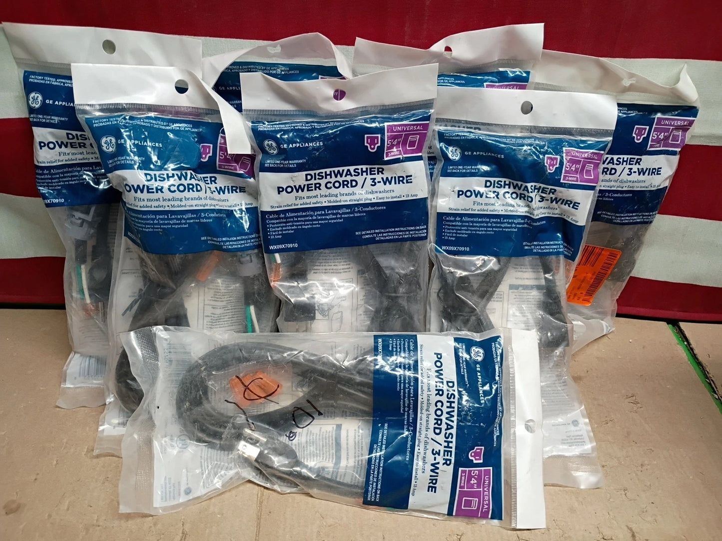 8-PK GE WX09X70910, Universal 3-wire dishwasher power cord 5' 4"ft NEW