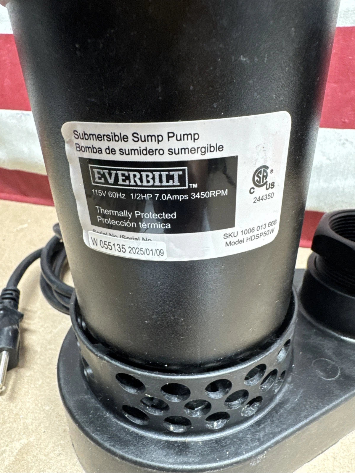 Everbilt HDSP50W 1/2 HP Submersible Aluminum Sump Pump with Tethered Switch OB