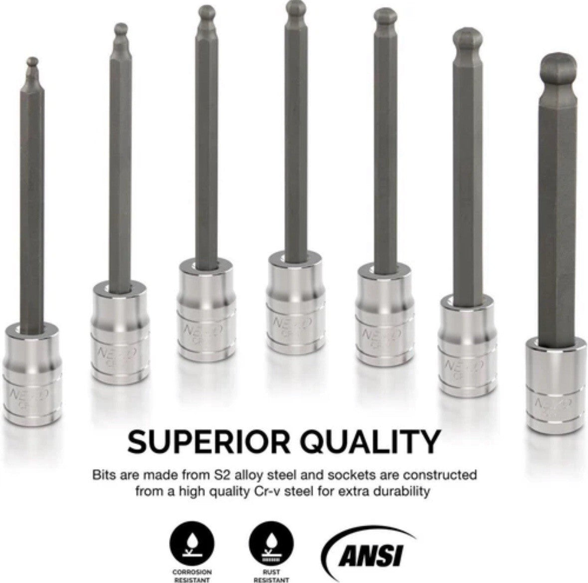 Neiko 10243A 3/8-Inch-Drive Extra-Long Ball-End Hex-Bit 7pc Allen Socket Set