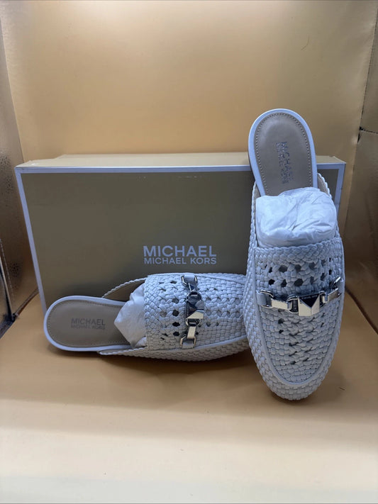 Michael Kors Napa Charlton Slide Mules Woven White Buckle Loafers Women US 5M