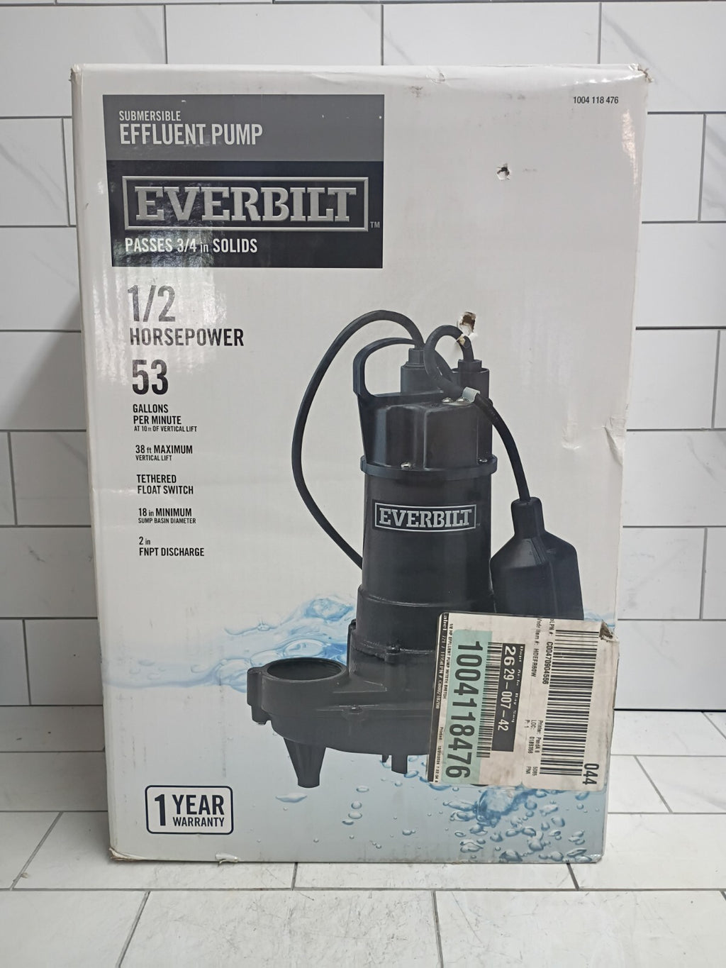 Everbilt HDEFR50W 1/2 HP Effluent Pump, Open Box.