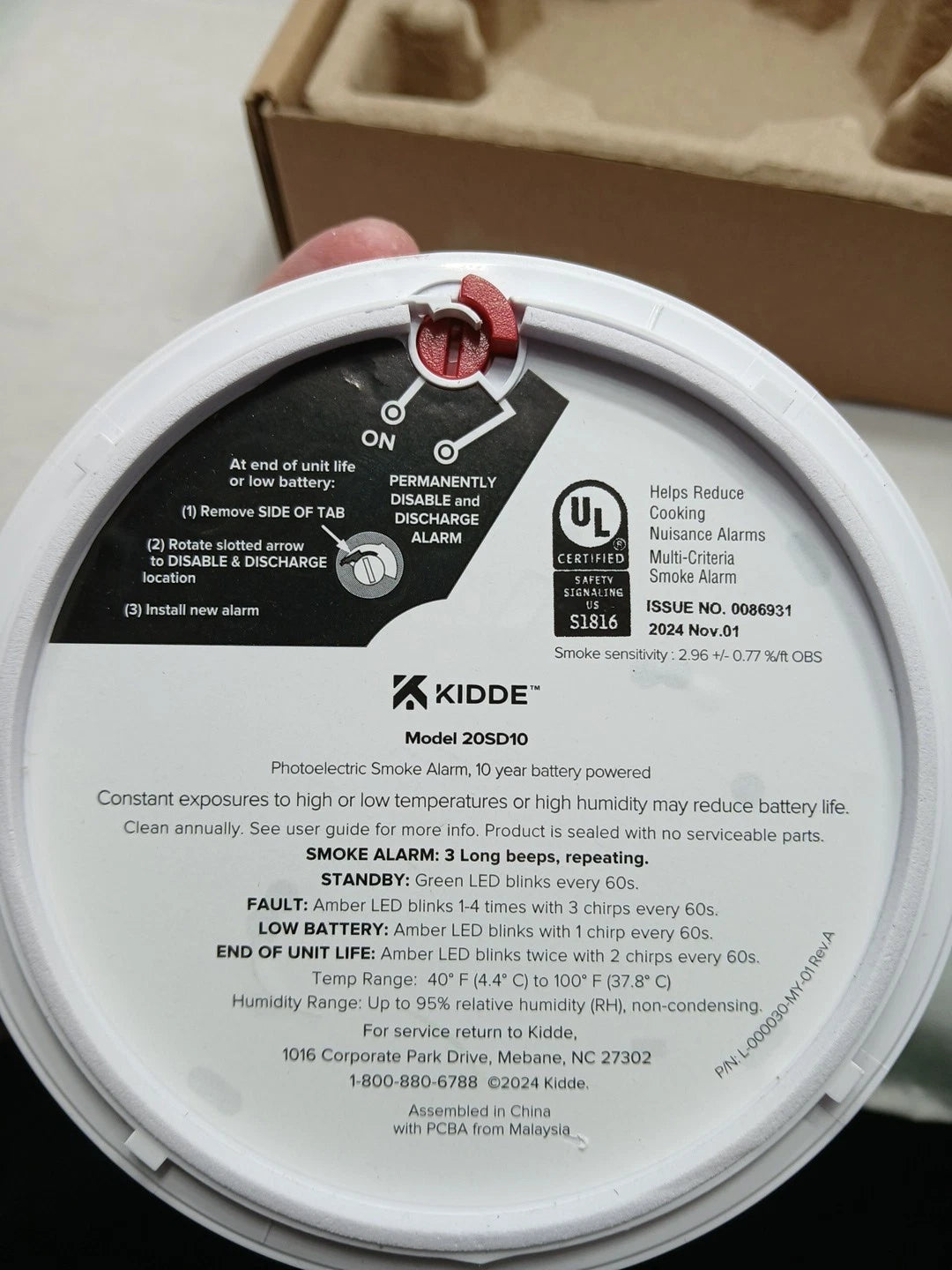 Kidde Smoke Detector 10 Year Battery Powered LED Warning Light Indicators 20SD10