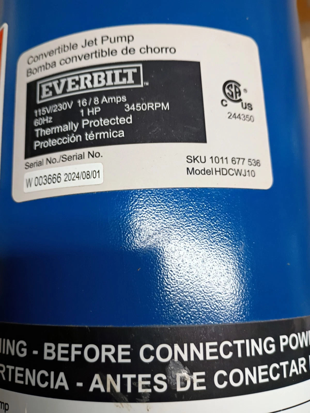 Everbilt 1 HP Professional Convertible Jet Pump Model # 1011677536 FOR PARTS