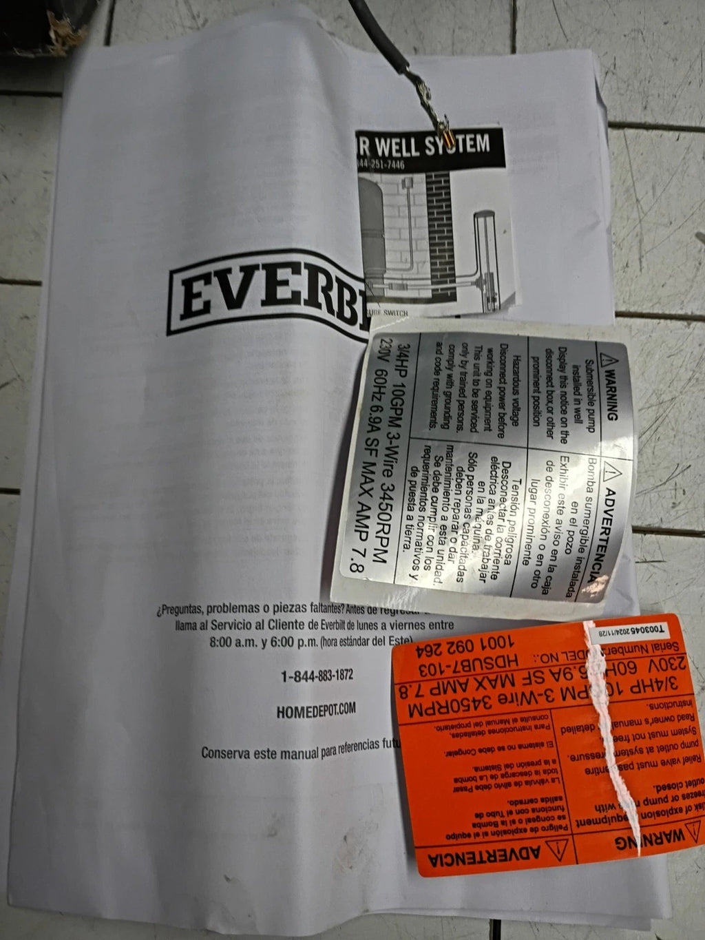 Everbilt 3/4 HP Submersible 3-Wire Motor 10 GPM Deep Well Potable Water Pump OB