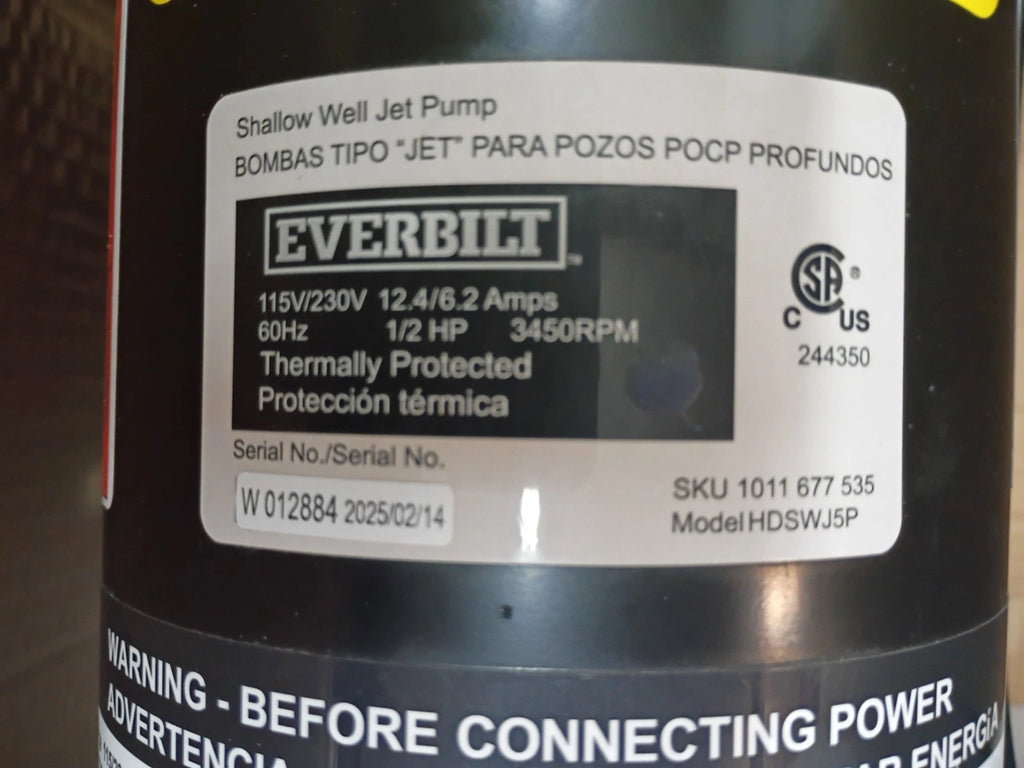 Everbilt HDSWH5P 1/2 HP Plastic Shallow Well Jet Pump New Open Box
