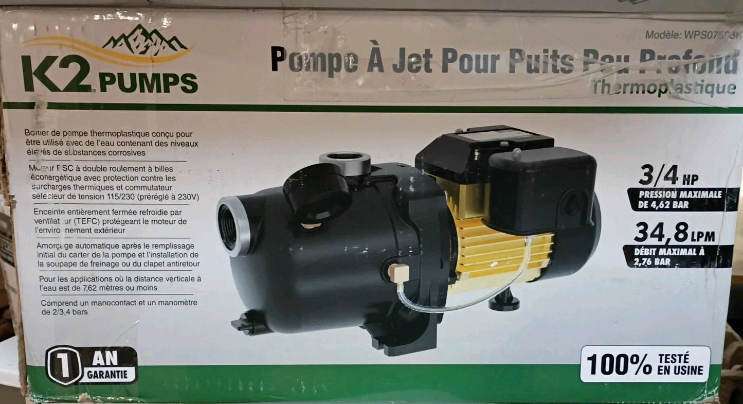 K2 Pumps WPS07503K Shallow Well Jet Pump 3/4 Hp Lead Free Thermoplastic NOB