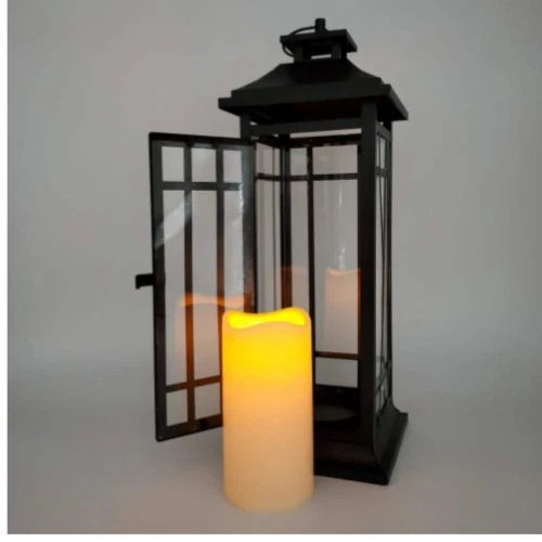 17in. Black Window Battery Operated Metal Lantern With Led Candle Open Box
