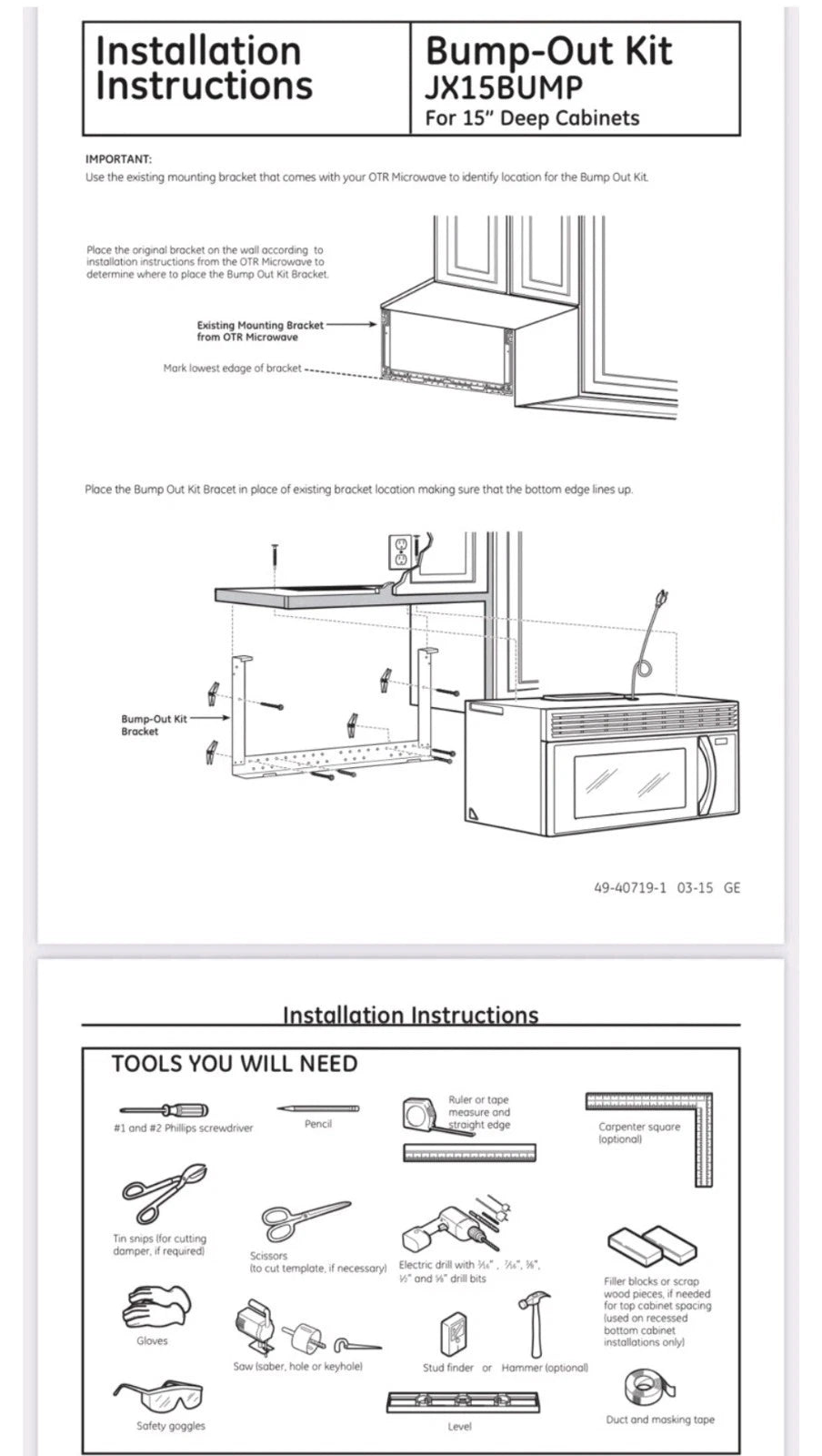GE JX15BUMPBB 15” BLACK MICROWAVE OVEN BUMP OUT KIT NEW OPEN BOX