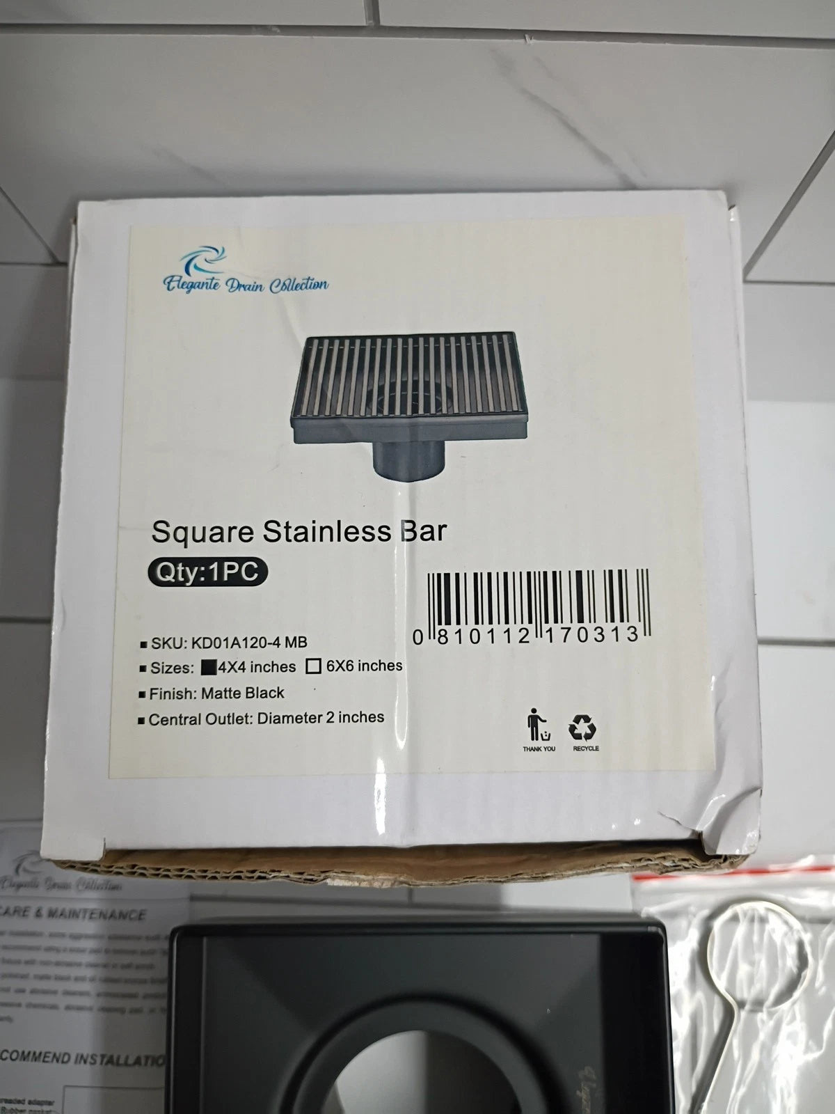 Elegante Drain Collection 4" Sq. matt black Finish Shower Drain w/ Bar Pattern