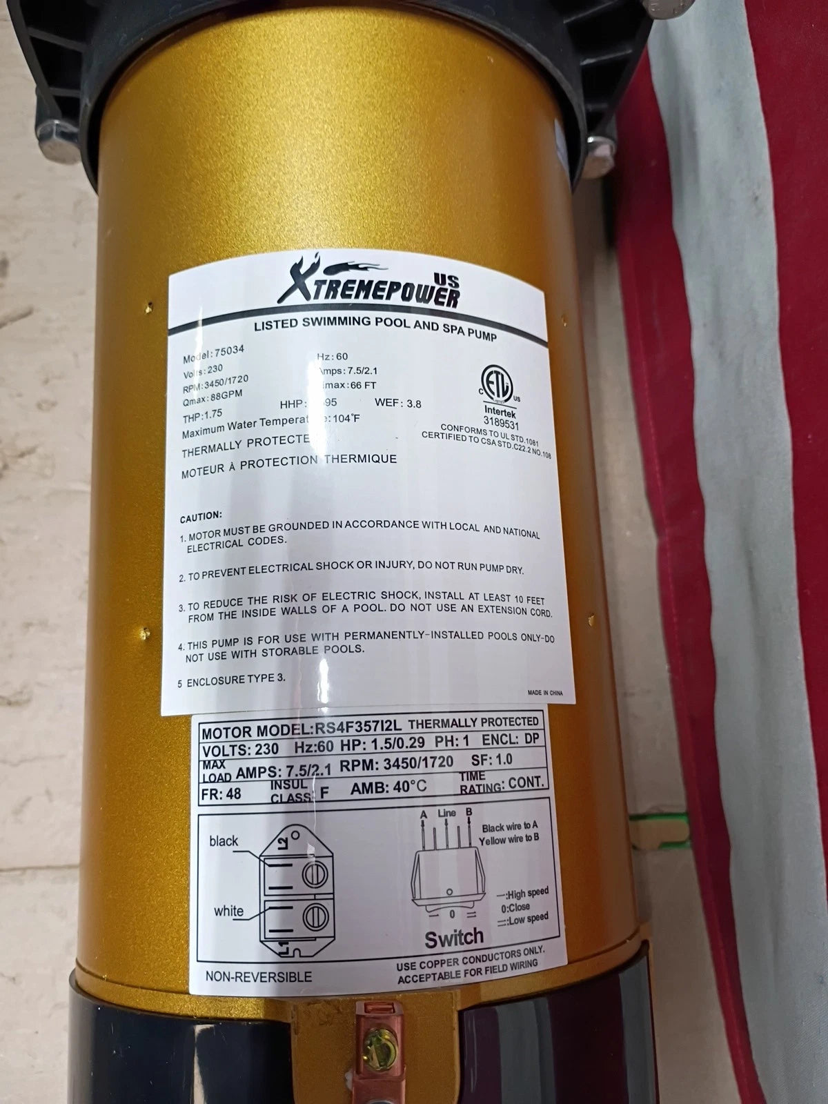 US XTREMEPOWER 75034 1.75 HP Two Speed Inground Pool Pump Open Box