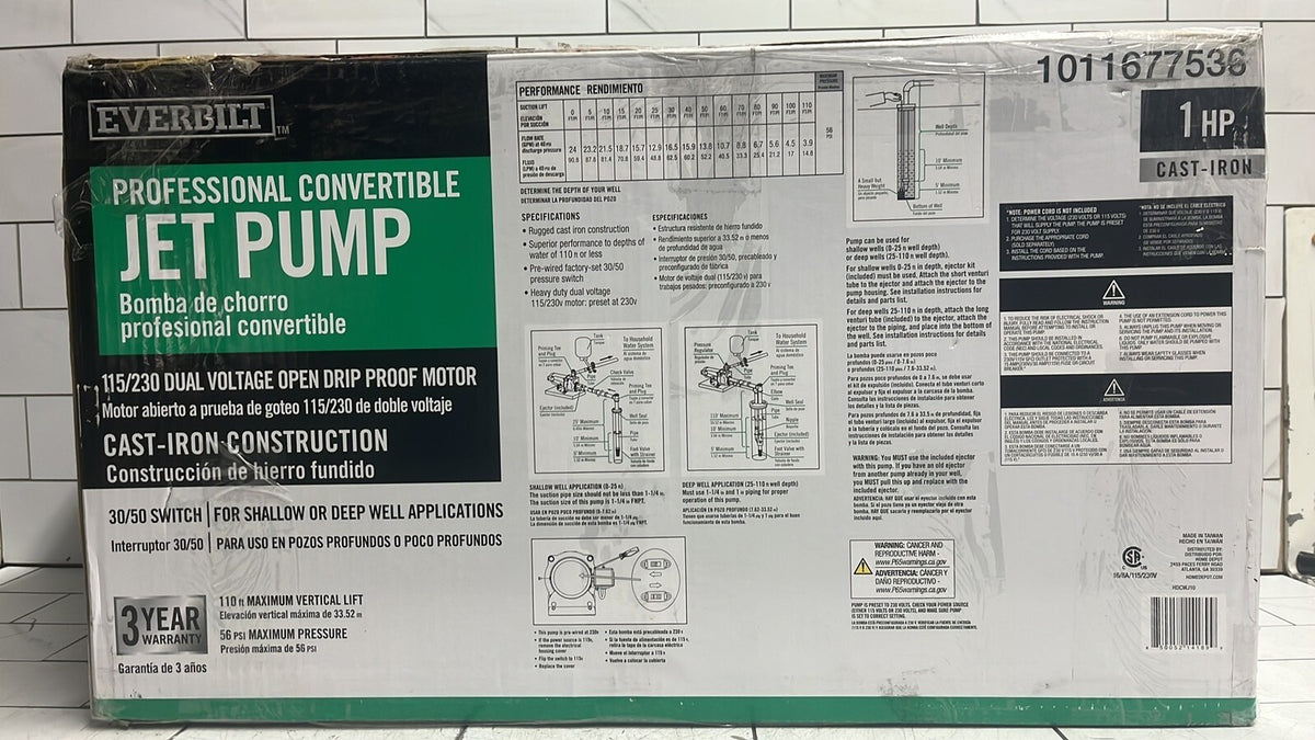 Everbilt HDCWJ10 1HP 115/230v  Professional Convertible Jet Pump NEW OPEN BOX