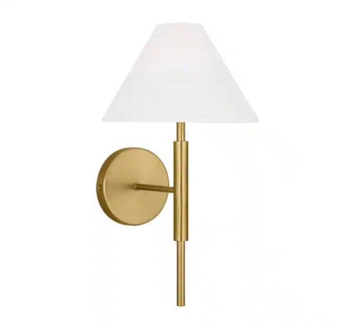 Porteau 1-light Satin Brass Wall Sconce with White Linen Fabric Shade Open Box