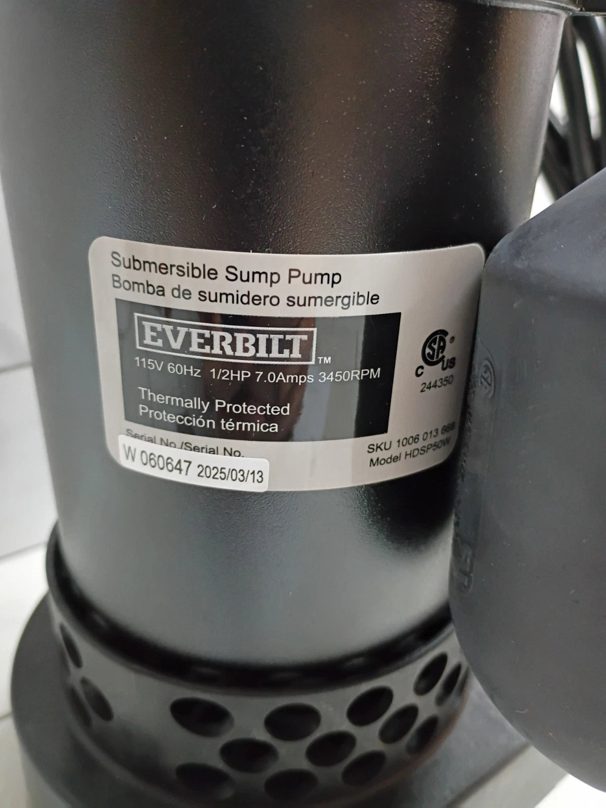 Everbilt 1/2 HP Corrosion Resistant Aluminum Sump Pump w/ Teather Float Switch.
