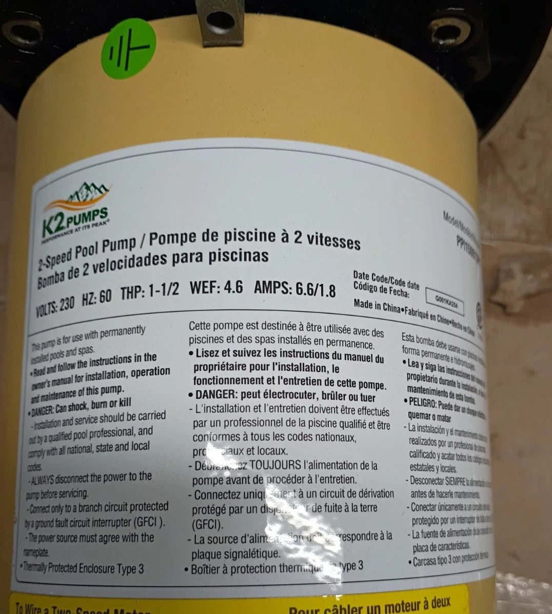 K2 Pumps Pool Pump 1.5 Hp Self Priming Two Speed 230 Volt Doe Compliant Open Box