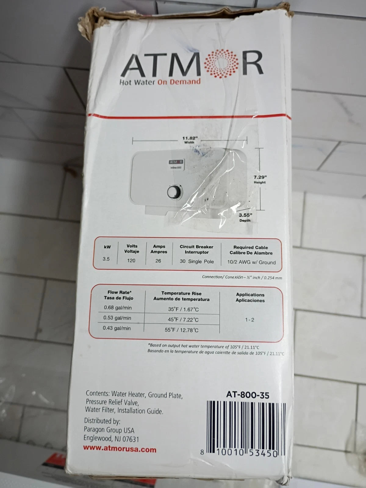 ATMOR AT-800-35: 3.5kW Single Electric Tankless Water Heater 120V 0.5GPM OB