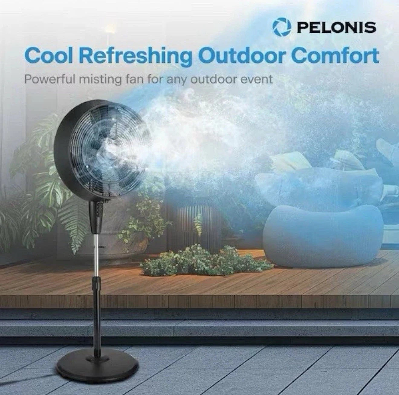 Pelonis 18 in. 3-Speed Outdoor Misting Pedestal Fan 1600 CFM Black.