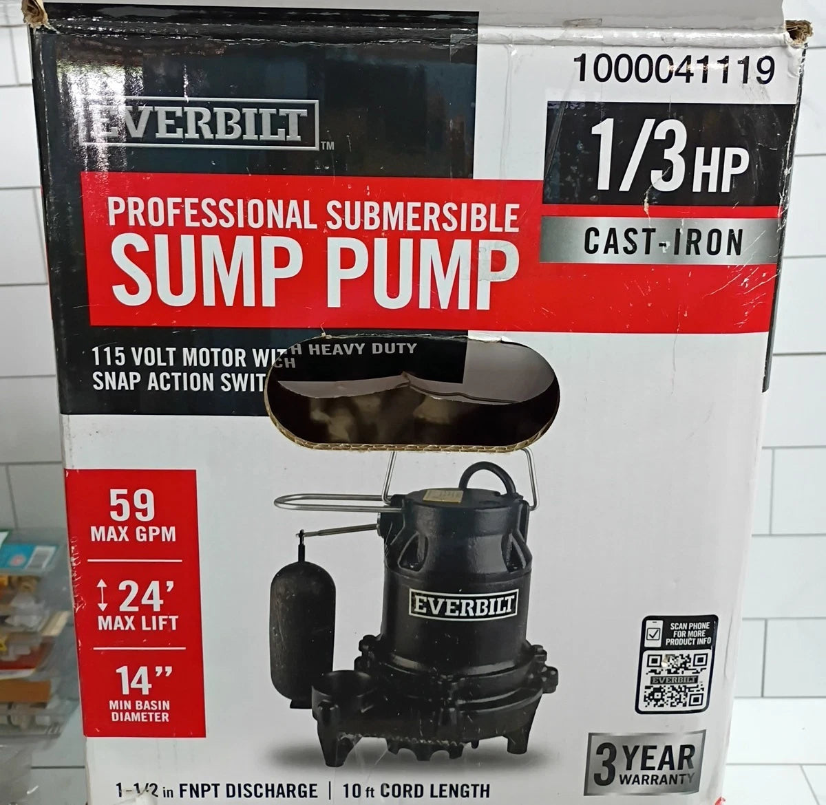 Everbilt 1000041119 1/3 HP Cast Iron Submersible Sump Pump Read Description