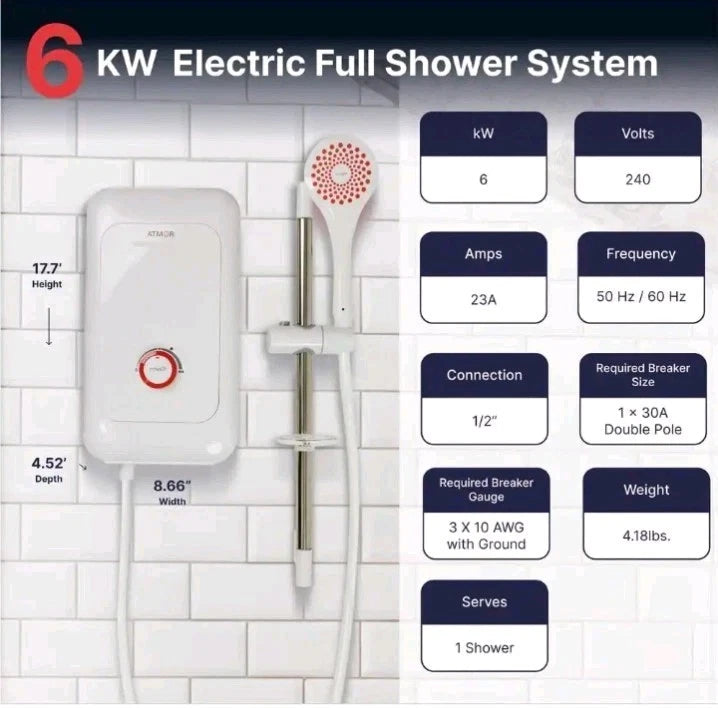 ATMOR6,000-Watt Electric Tankless Water Heater Shower System.