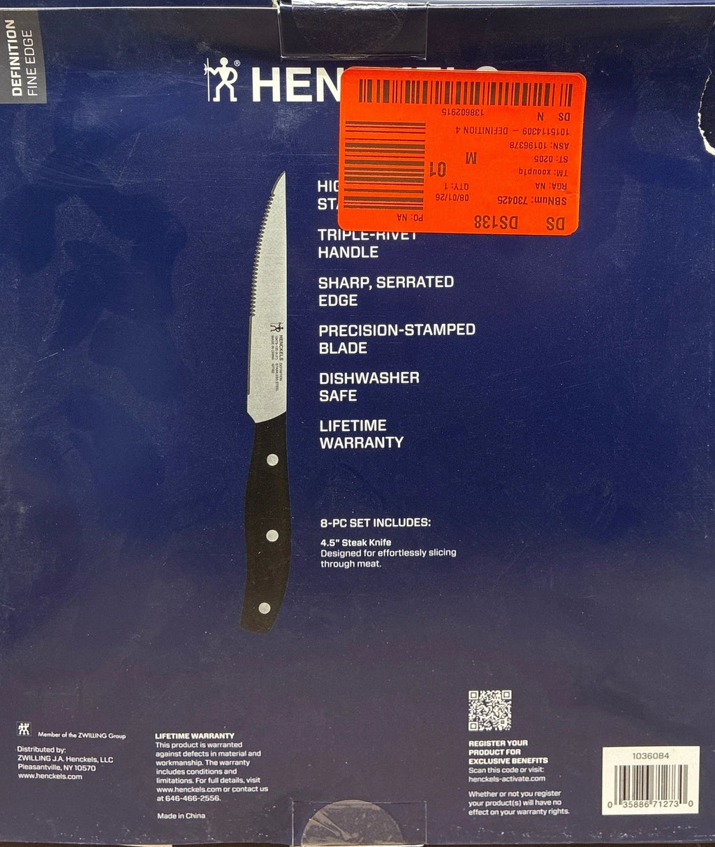Henckels 8 Piece Steak Knife Set 4.5" Triple Rivet Stainless Steel Blade OB