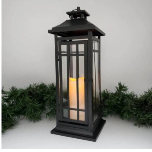 17in. Black Window Battery Operated Metal Lantern With Led Candle Open Box