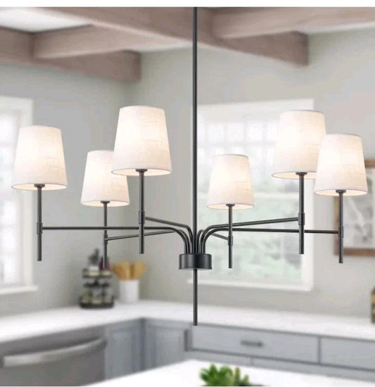 6 LIGHT BLACK W/ WHITE FABIC SHADES IRON CHANDELIER