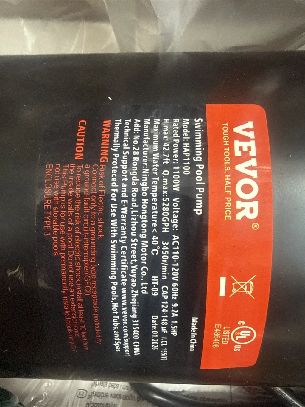 VEVOR HAP1100, Swimming Pool Pump, 1.5 HP 115 V, 1100W Single Speed Pump, OB,